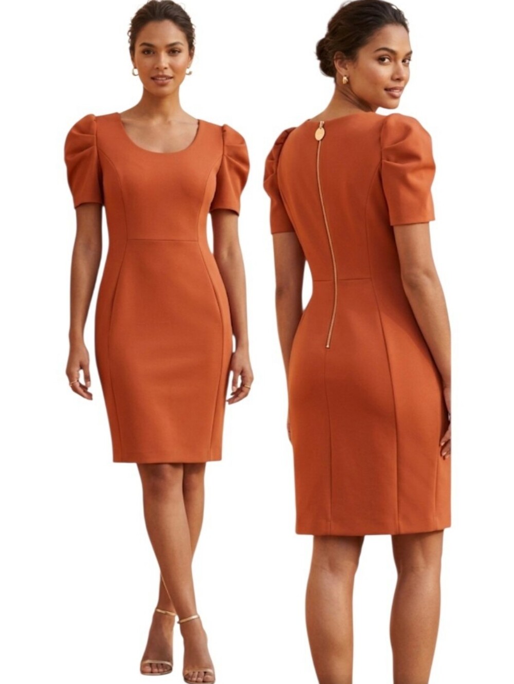 Calvin Klein Short Sleeve Puff-Sleeve Sheath Dress in a rust Orange,Size 10, NWT